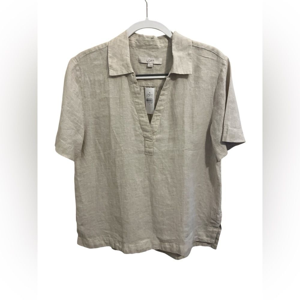 LOFT Linen Short-Sleeve Split-Neck Top in Light Beige